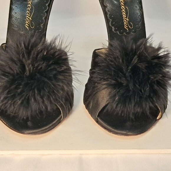 Agent Provocateur Elice Mules Satin 4.5" Stiletto Heels Feathers Black - Picture 3 of 10